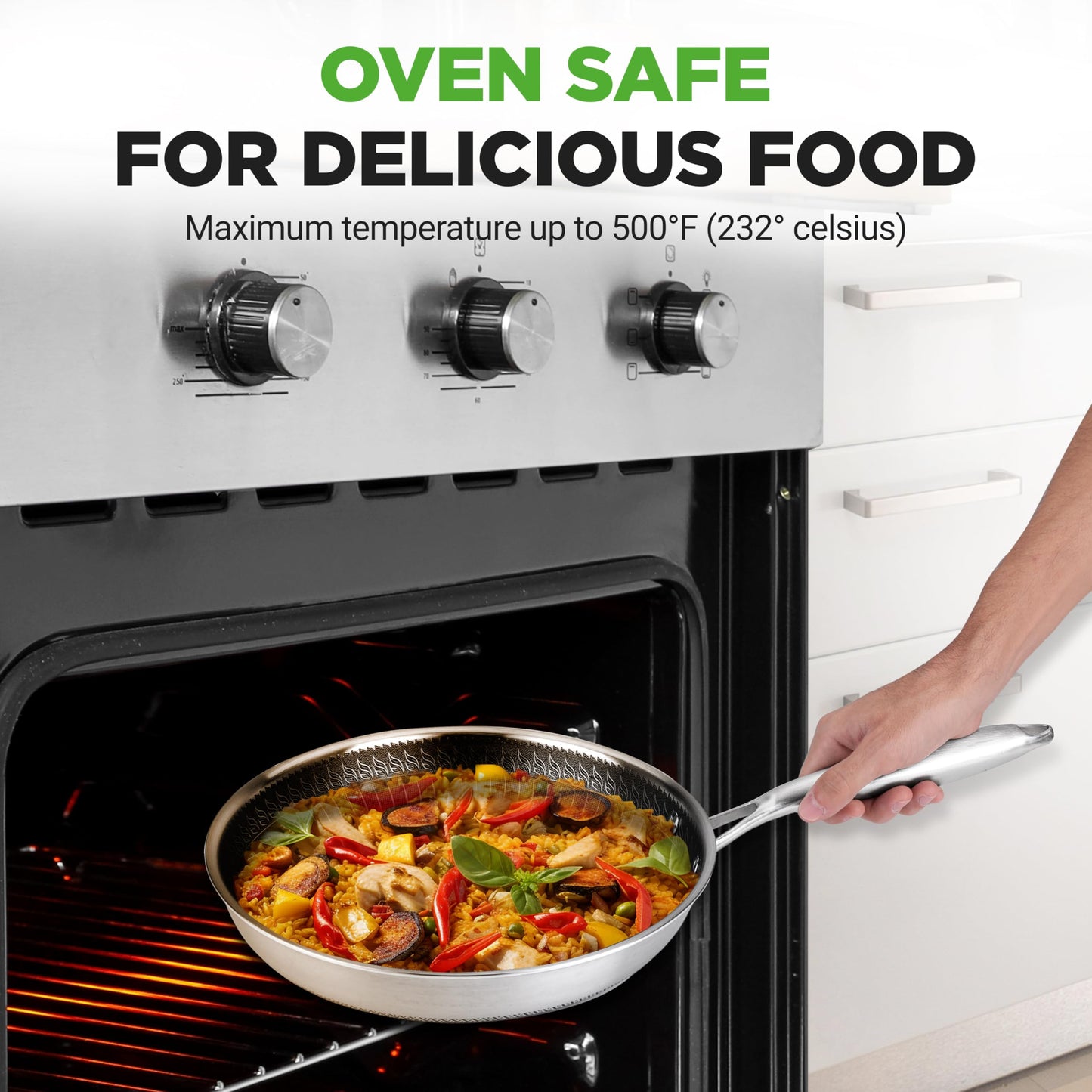 NutriChef 12" Stainless Steel Frying Pan - Triply Hybrid Skillet w/DAKIN Etching Non-Stick Coating, Scratch-resistant Raised-up Honeycomb Fire Textured Pattern, NC3PL12