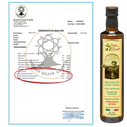 Papa Vince Olive Oil Extra Virgin - First Cold Press Family Harvest 2024/25, Polyphenol Rich, Subtle Peppery Finish, Unrefined, High in Monounsaturated Fat, No Pesticides, No GMO, Sicily, Italy