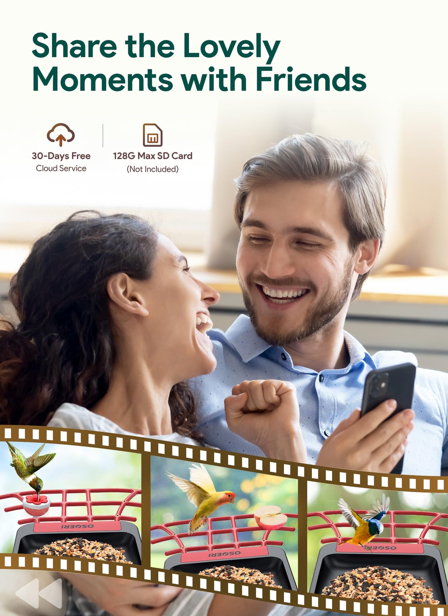 Osoeri Bird Feeder with Camera, Smart AI Identify Wild Bird Feeders Camera, 1080P Auto Capture Bird's Video & Motion Detection, with DIY Add-ons & Hummingbird Feeder, Gifts for Bird Lover (Red Black)