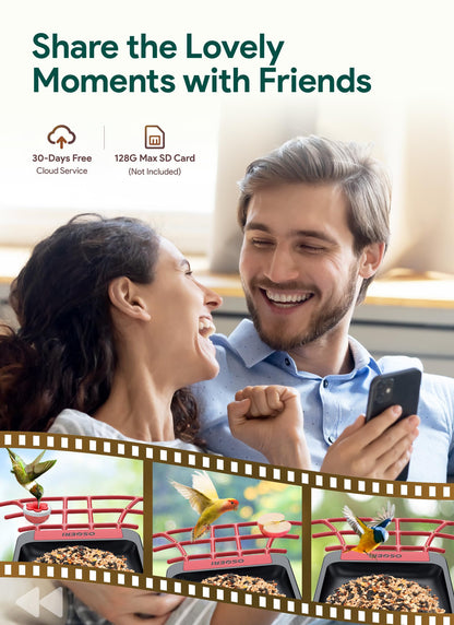 Osoeri Bird Feeder with Camera, Smart AI Identify Wild Bird Feeders Camera, 1080P Auto Capture Bird's Video & Motion Detection, with DIY Add-ons & Hummingbird Feeder, Gifts for Bird Lover (Red Black)