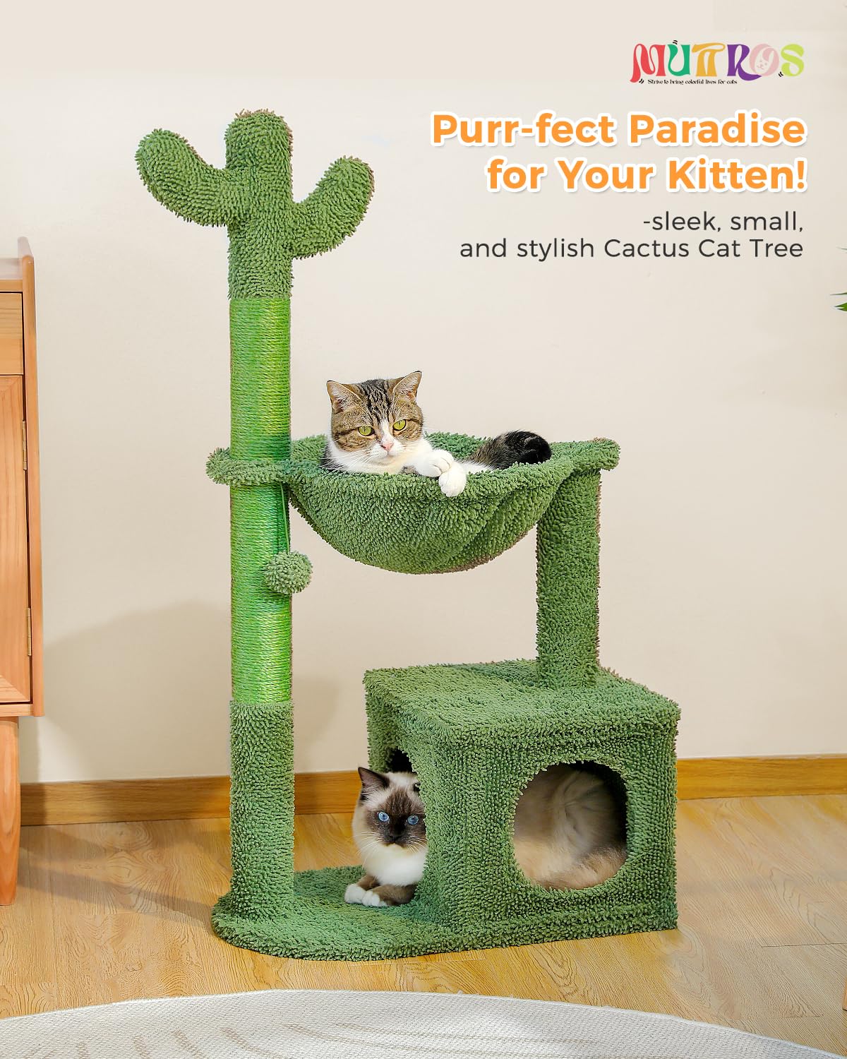 MUTTROS Cactus Cat Tree 40" Cat Tower with Large Metal Carpet Hammock, Cat Scratching Post for Indoor Cats with Condo & Replaceable Toy Ball, Green