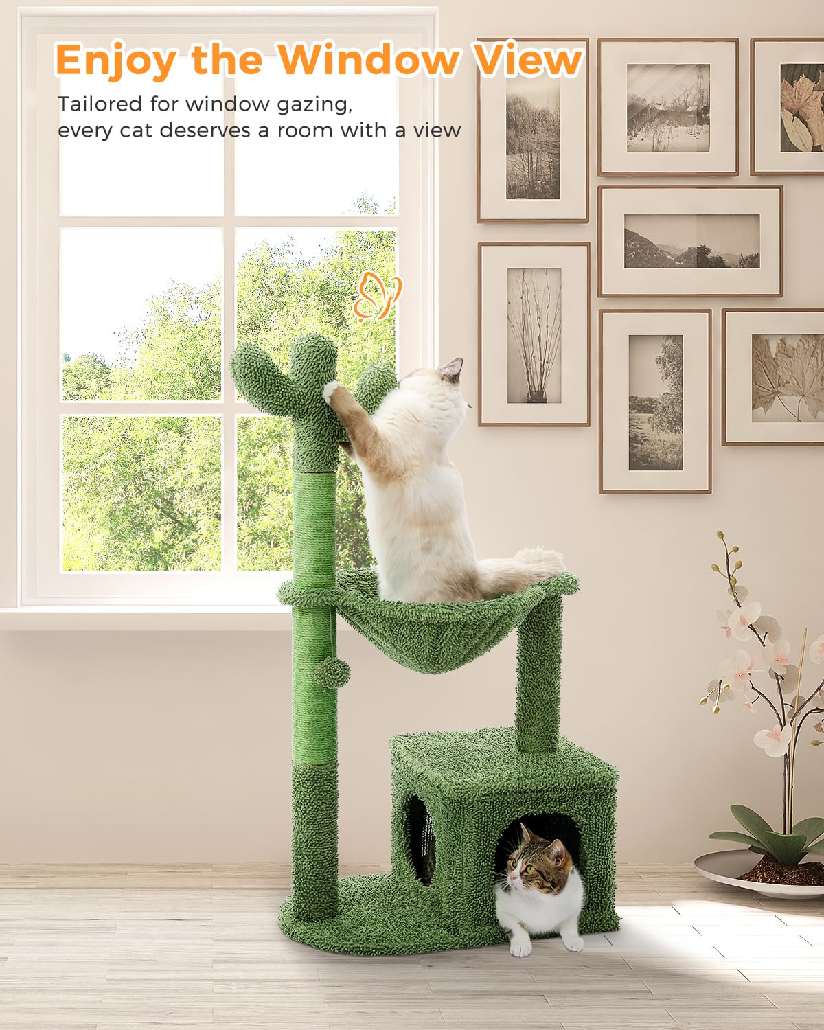 MUTTROS Cactus Cat Tree 40" Cat Tower with Large Metal Carpet Hammock, Cat Scratching Post for Indoor Cats with Condo & Replaceable Toy Ball, Green