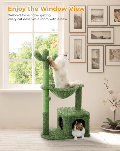 MUTTROS Cactus Cat Tree 40" Cat Tower with Large Metal Carpet Hammock, Cat Scratching Post for Indoor Cats with Condo & Replaceable Toy Ball, Green