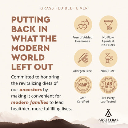 Ancestral Supplements Grass Fed Beef Liver 180 Capsules, Supports Energy Production, Detoxification, Digestion, Immunity and Full Body Wellness, Non-GMO, Freeze Dried Liver Health Supplement
