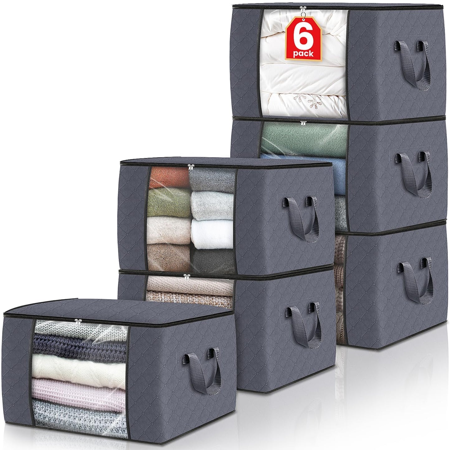 Fab totes 6 Pack Clothes Storage, Foldable Thick Fabric Blanket Storage Bags, Containers for Organizing Bedroom, Closet, Clothing, Comforter,Closet Organization with Handle,Grey