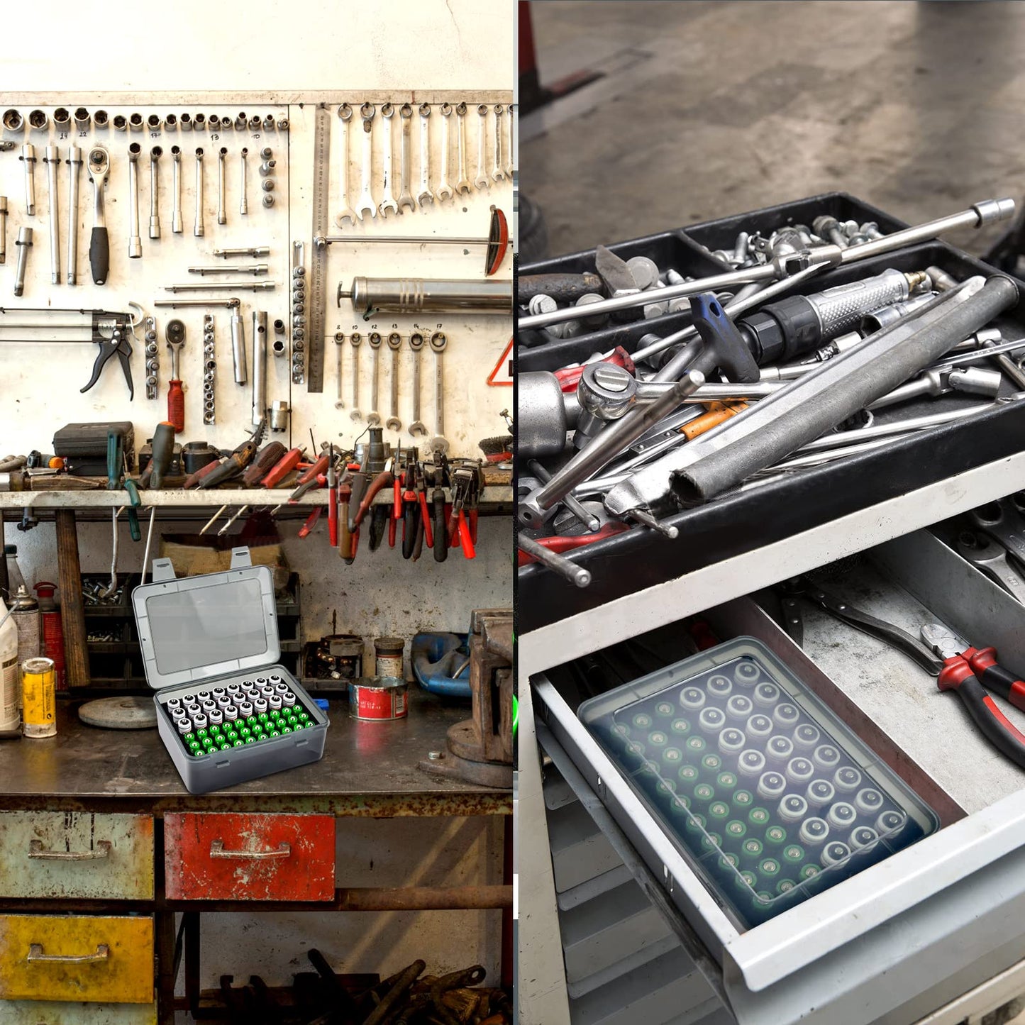 FULLCASE Battery Storage Organizer Holder Holds 54 AA AAA Batteries, Box Cases Garage Container, Home Drawer Organization Dispenser (Case Only) Grey