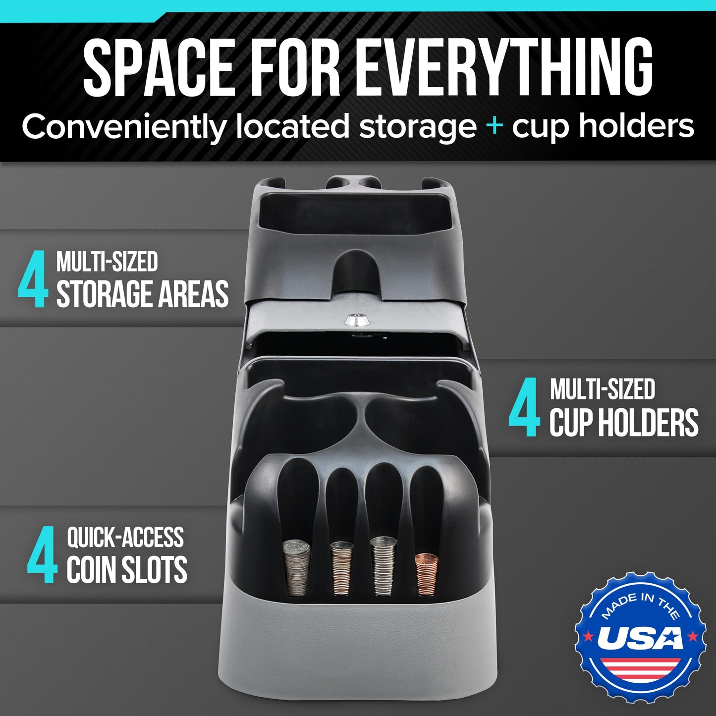 Moblorg Center Console for Minivans, SUVs, Middle Van Console, Extra Cup Holders, Large Storage, Made in USA (Gray)