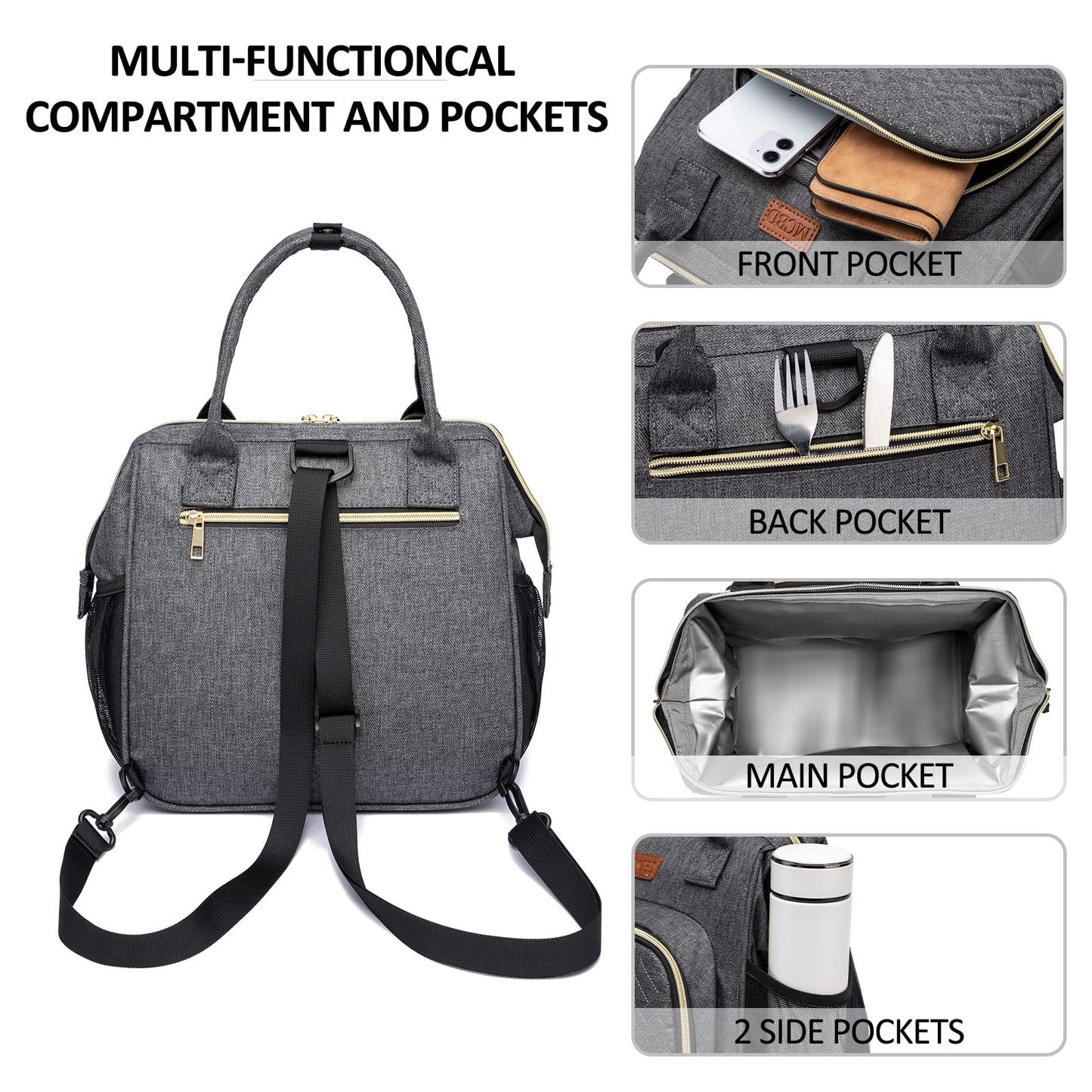 MCBD Lunch bags Insulated Lunch Box for Women,3 Carrying Way Large Tote Bag,Leakproof Reusable Cooler Backpack with Adjustable Shoulder Strap for Office Picnic Beach