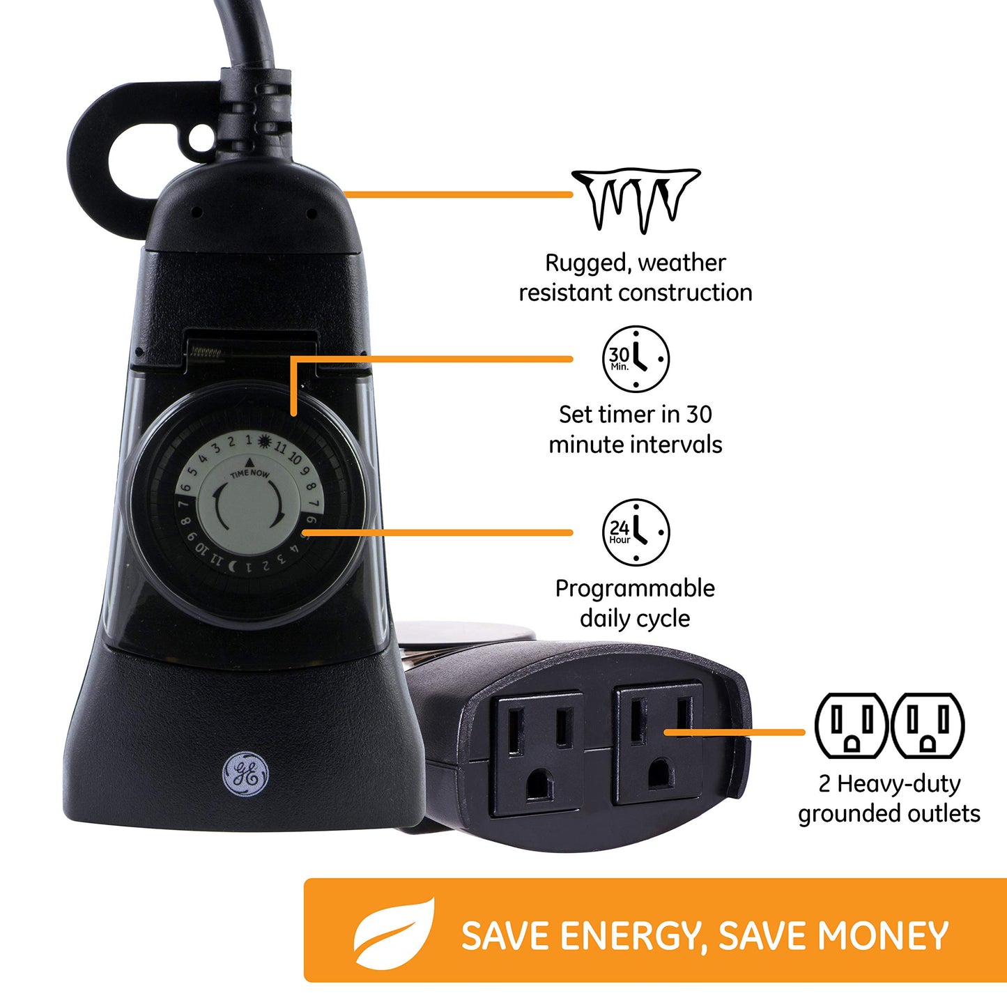 GE 24-Hour Heavy-Duty Ουtdооr Mechanical Τімer, 2 Grounded Outlet Τімer, Programmable Daily Cycle, 30-Minute Interval Ουtdооr Τімer, Weather Resistant, Ουtdооr Light Τімer, Black, 2 Pack, 46224