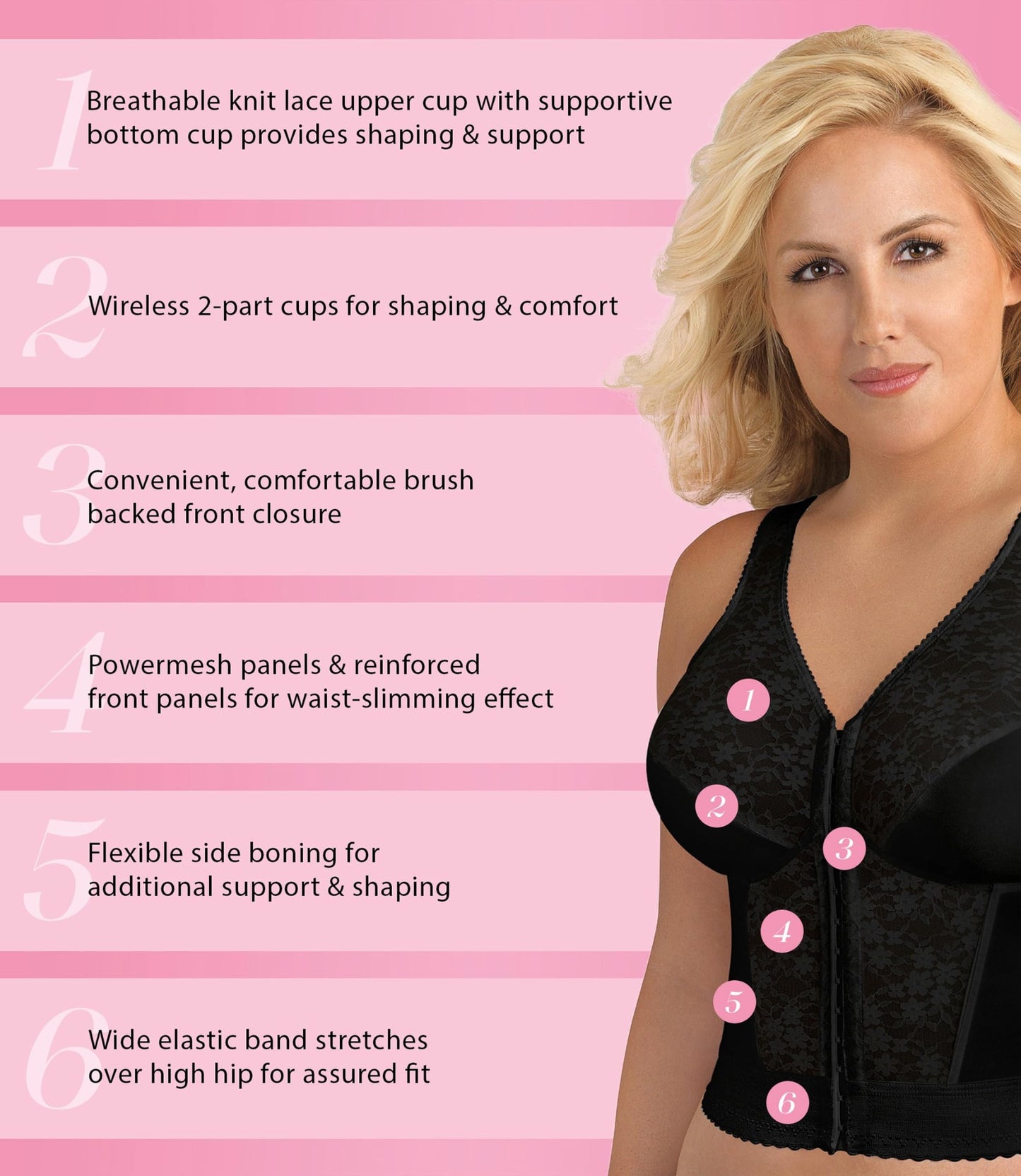 Exquisite Form womens Fully Front Close Longline Lace Posture Bra, Black, 38B US