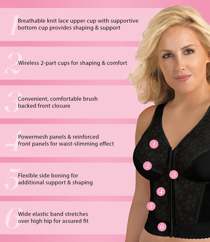 Exquisite Form womens Fully Front Close Longline Lace Posture Bra, Black, 40DD US