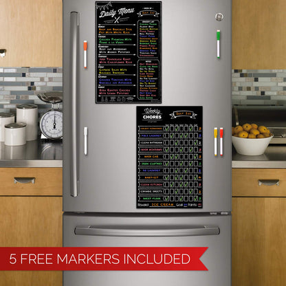 Magnetic Dry Erase Chore Chart and Menu Board Set for Kitchen Fridge - 11" x 17" Responsibility & Behavior Refrigerator Reward Incentive for Kids - 11" x 17" Weekly Meal Planner Blackboard