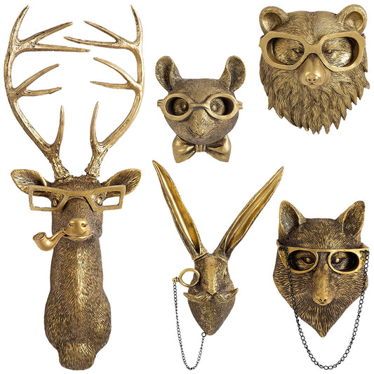 GUASDIE Animal Heads Wall Decor, Faux Deer Head Mount, Animal Sculptures Wall Decor, Resin Animal Head Wall Hanging Decoration for Living Room Bedroom Kitchen Gift,5pcs, 1587574779-65291236