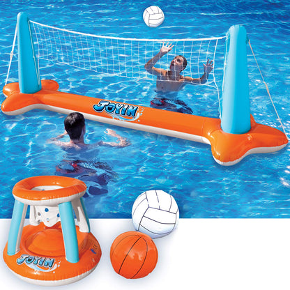 JOYIN Inflatable Pool Float Set Volleyball Net & Basketball Hoops, Floating Swimming Game Toy for Kids and Adults, Summer Floaties, Volleyball Court (105”x28”x38”)|Basketball (27.6”x23”),L-Orange