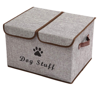 Geyecete Large Storage Boxes - Large Linen Fabric Foldable Storage Cubes Bin Box Containers with Lid and Handles for Dog Apparel & Accessories, Dog Coats, Dog Toys, Dog Clothing(Grey)