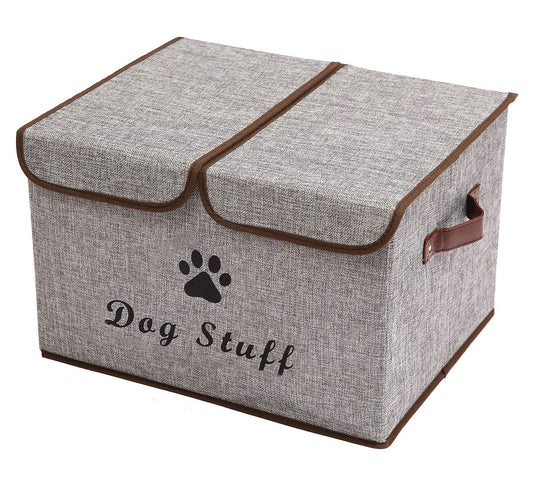 Geyecete Large Storage Boxes - Large Linen Fabric Foldable Storage Cubes Bin Box Containers with Lid and Handles for Dog Apparel & Accessories, Dog Coats, Dog Toys, Dog Clothing(Grey)