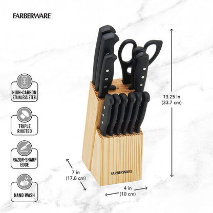 Farberware 22-Piece Never Needs Sharpening Triple Rivet High-Carbon Stainless Steel Knife Block and Kitchen Tool Set, Black, Durable ANDPrecision Cutlery
