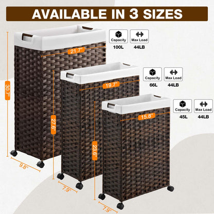 Greenstell Laundry Hamper with Wheels, 17.4 Gallon (66L) Slim Laundry Basket with 2 Removable Liner Bags & 2 Mesh Bags, Narrow Rattan Clothes Hamper for Bedroom, Laundry Room, Bathroom, Brown
