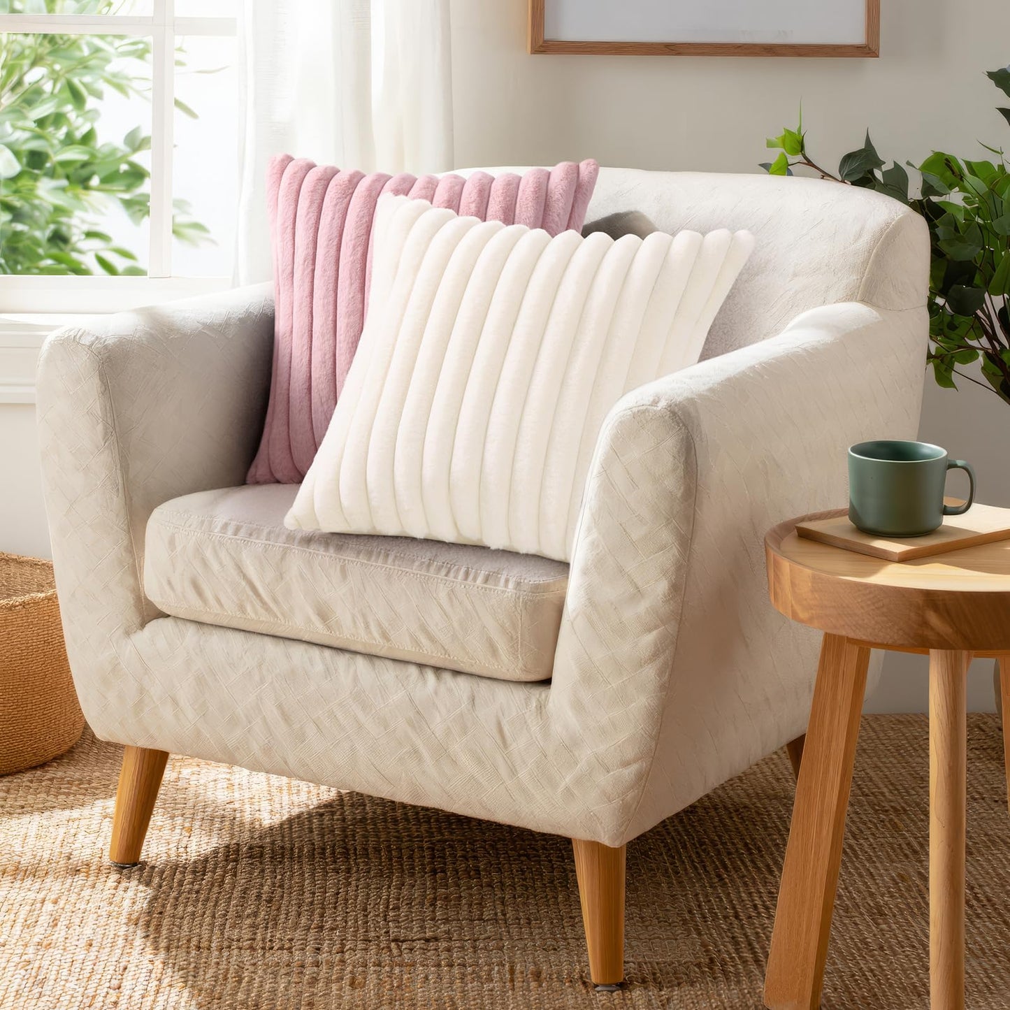 Pallene Faux Fur Plush Fall Throw Pillow Covers 18x18 Set of 2, Luxury Soft Fluffy Striped Decorative Pillow Covers for Sofa, Couch, Living Room, Cream White