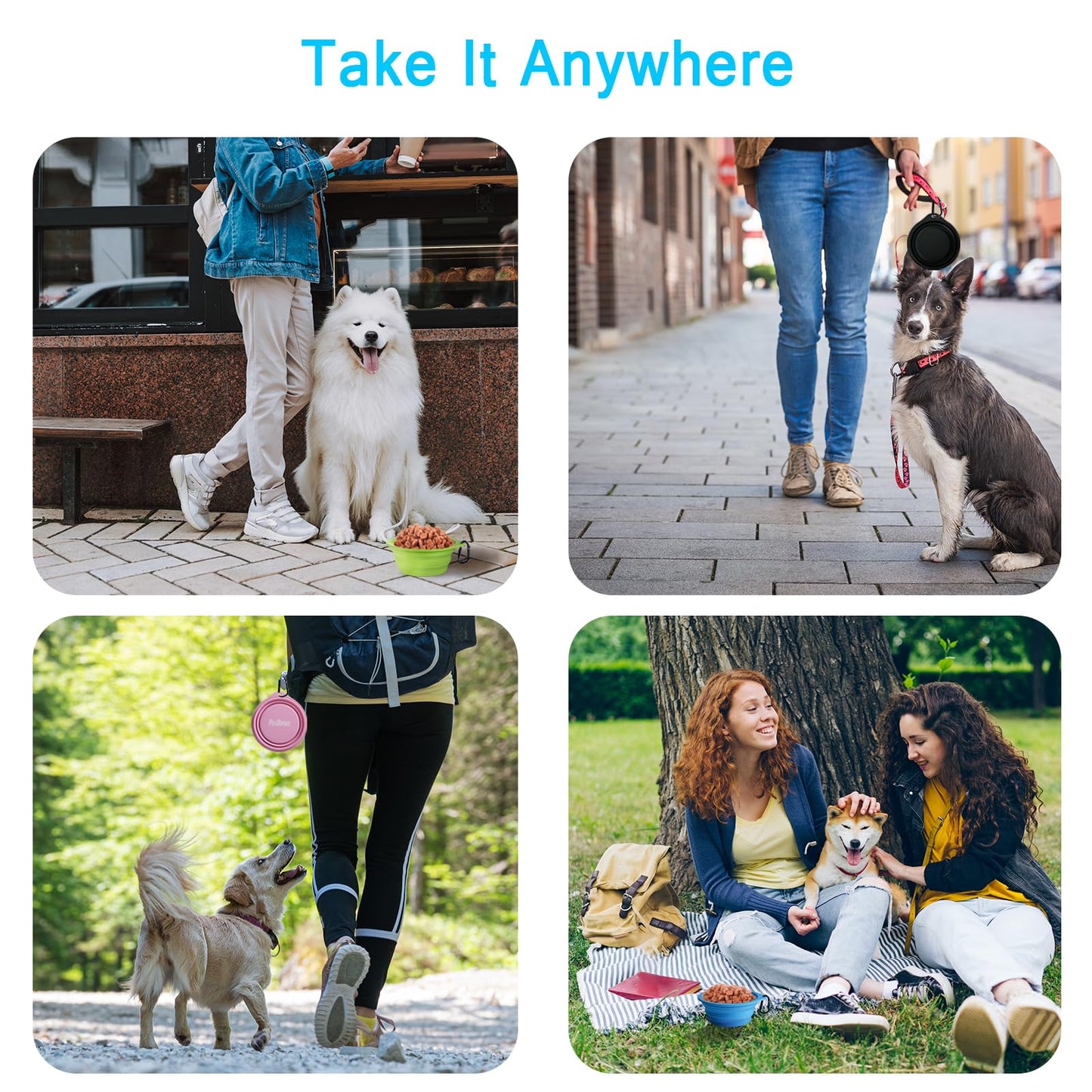 PetBonus 2-Pack Silicone Collapsible Dog Bowls, BPA Free Dishwasher Safe, Portable Foldable Expandable Travel Bowl, Food Water Feeding Cup Dish for Dogs Cats with 2 Carabiners (Turquoise, Tan)