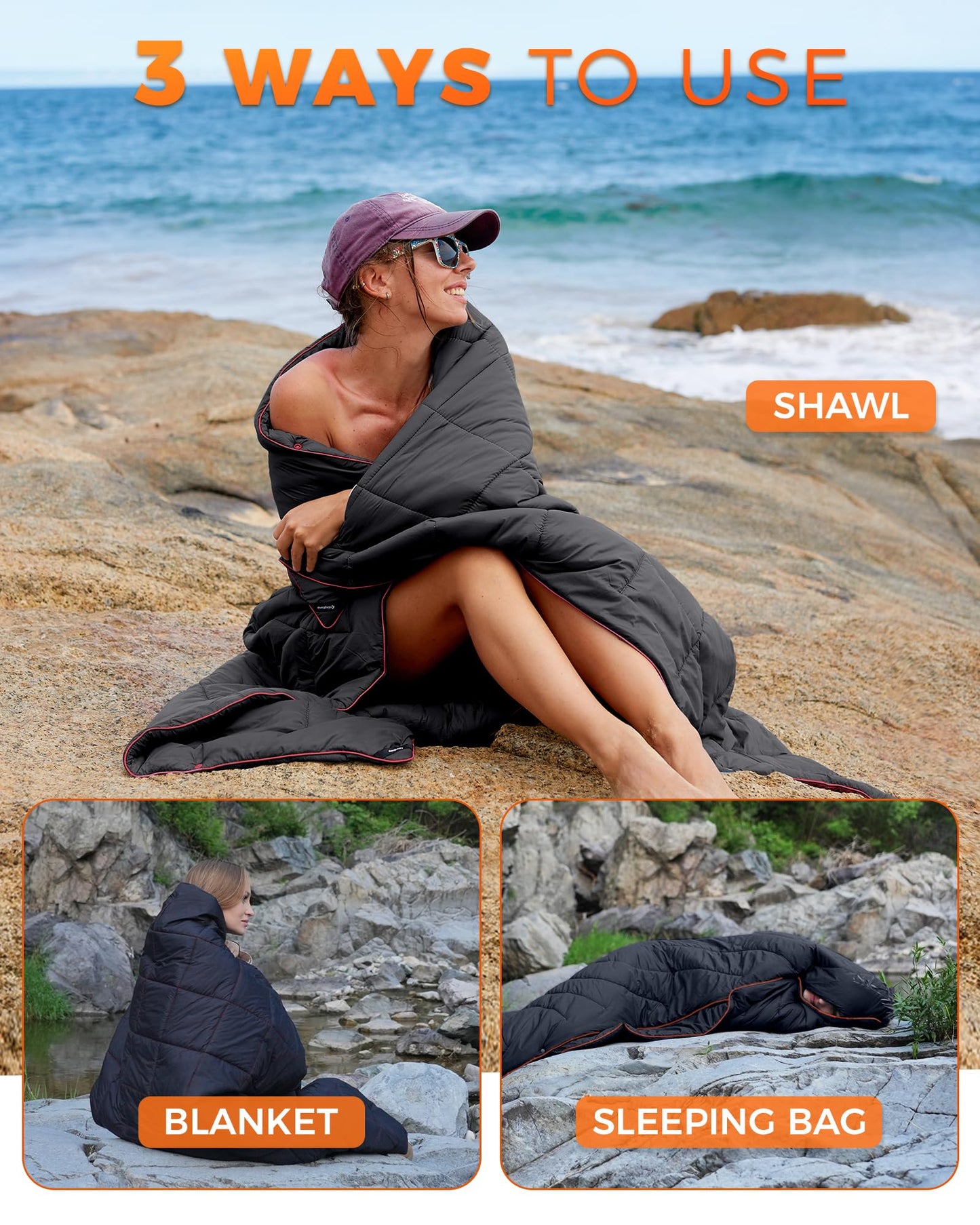 KingCamp Ultralight Camping Blanket, Packable Down Alternative Puffy Wearable Blankets Weatherproof Warm Package Quilt with Snap Buttons for Outdoor Hiking Travel Picnic Stadium (69"L x 53"W, Black)