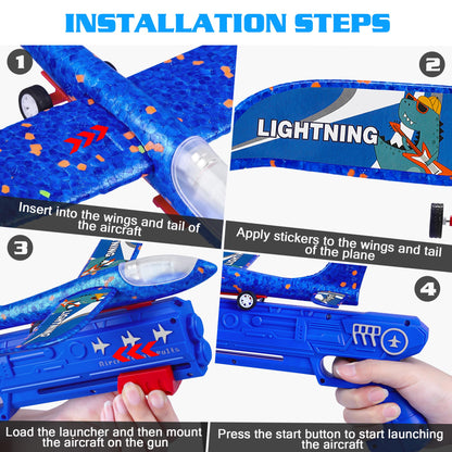 LJZJ 3 Pack Airplane Launcher Toys, 2 Flight Modes LED Foam Glider Catapult Plane, Outdoor Flying Toy for Kids, Birthday Gifts for Boy Girl 6+ Year Old, B-Day Party Supplies