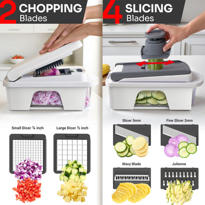 Mueller Pro-Series All-in-One, 12 Blade Mandoline Slicer for Kitchen, Food Chopper, Vegetable Slicer and Spiralizer, Cutter, Dicer, Grater, Kitchen Gadgets Sets with Container, White Sand/Gray