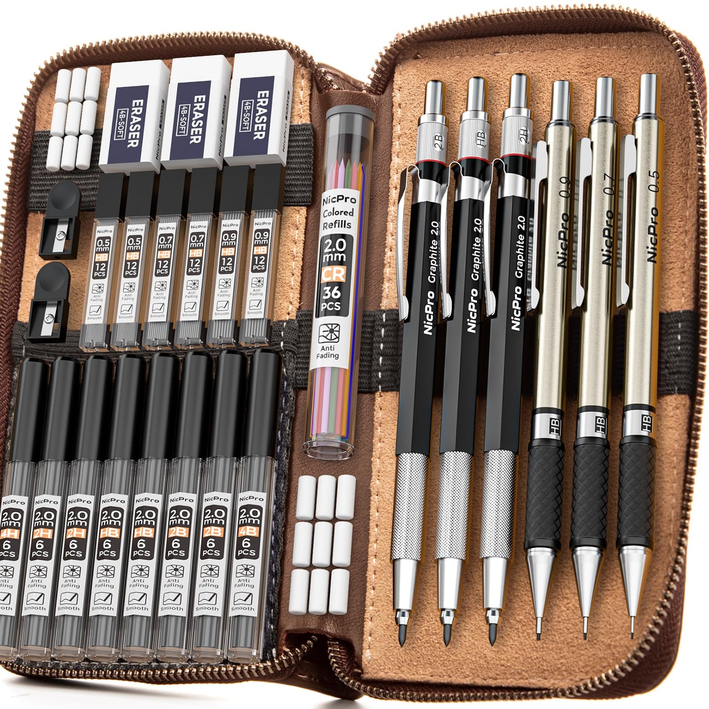 Nicpro 30PCS Art Mechanical Pencil Set in Leather Case, Metal Drafting Pencil 0.5 mm, 0.7 mm, 0.9 mm & 3 PCS 2mm Lead Holders for Sketching Drawing With 16 Tube (6B 4B 2B HB 2H 4H Colors) Lead Refills
