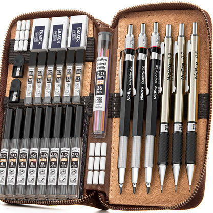 Nicpro 30PCS Art Mechanical Pencil Set in Leather Case, Metal Drafting Pencil 0.5 mm, 0.7 mm, 0.9 mm & 3 PCS 2mm Lead Holders for Sketching Drawing With 16 Tube (6B 4B 2B HB 2H 4H Colors) Lead Refills