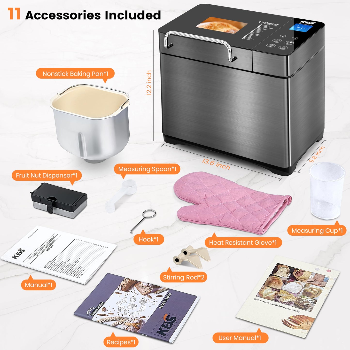 KBS 17-in-1 Bread Maker-Dual Heaters, 710W Machine Stainless Steel with Gluten-Free, Dough Maker,Jam,Yogurt PROG, Auto Nut Dispenser,Ceramic Pan& Touch Panel, 3 Loaf Sizes 3 Crust Colors,Recipes