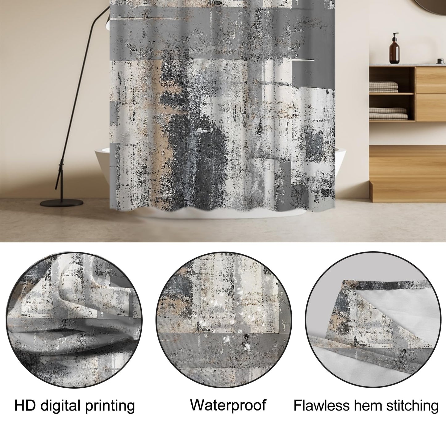 Lnond 4Pcs Bathroom Shower Curtain Sets with Rugs,Black and Grey Painting Art Bathroom Sets with Shower Curtain and Rugs and Accessories