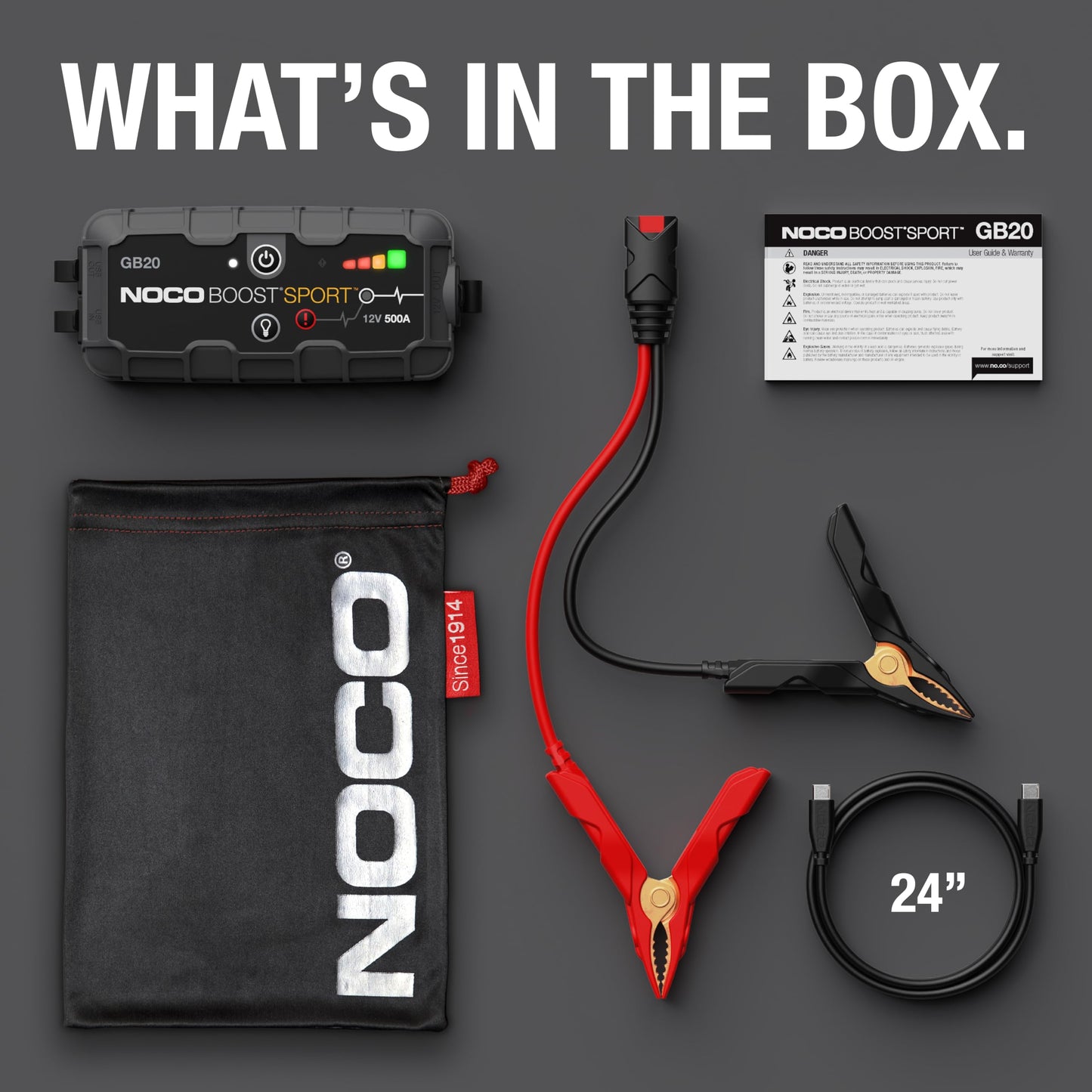 NOCO Boost GB20: 500A UltraSafe Jump Starter – 12V Lithium Battery Booster Pack, Portable Jump Box, Power Bank & Jumper Cables - for 4.0L Gas Engines