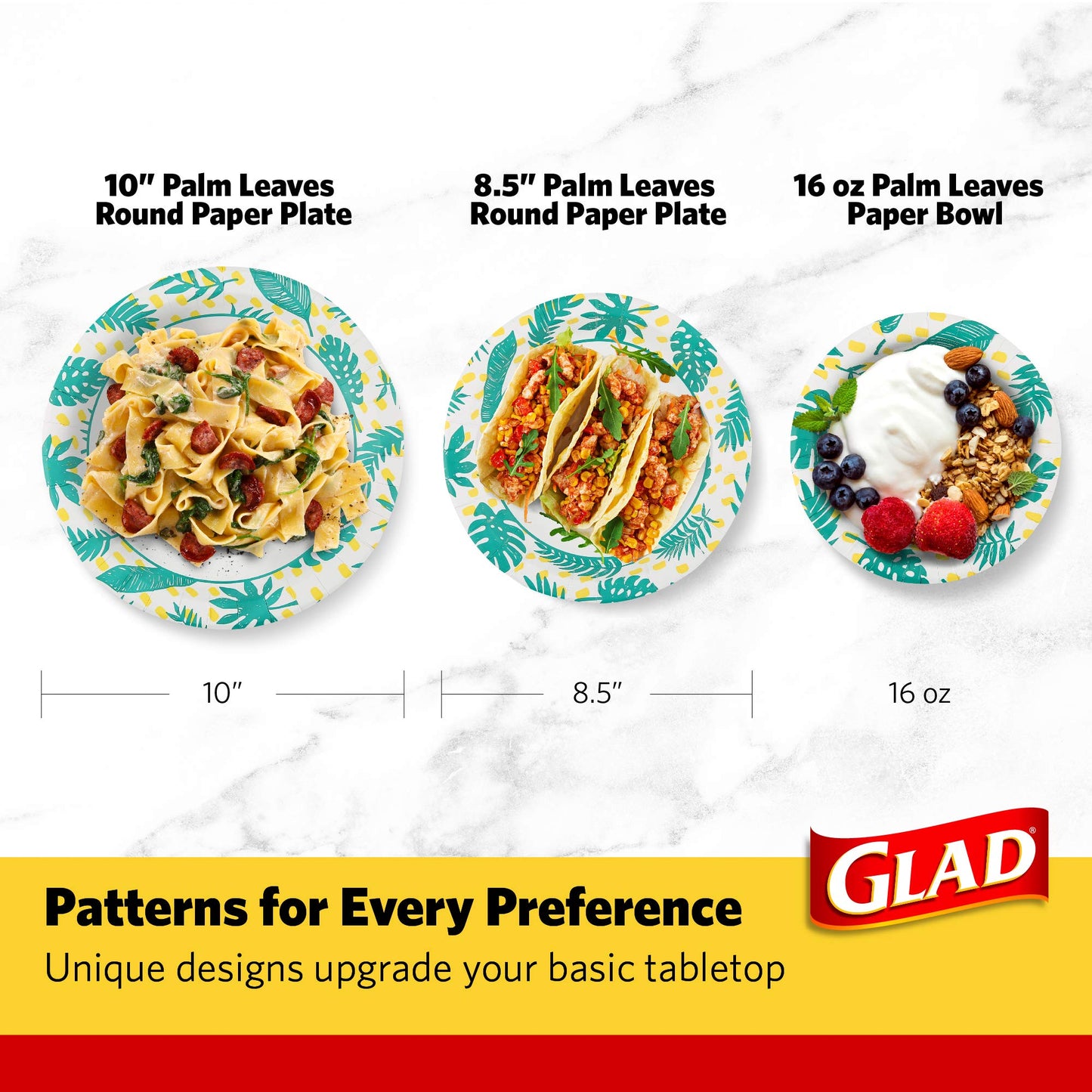 Glad Round Disposable Paper Plates, Palm Leaves Pattern - Strong, Sturdy, Soak Proof, and Microwavable Decorative Plates for Dinner and Everyday Use, 8.5 Inch, 50 Count - 12 Pack