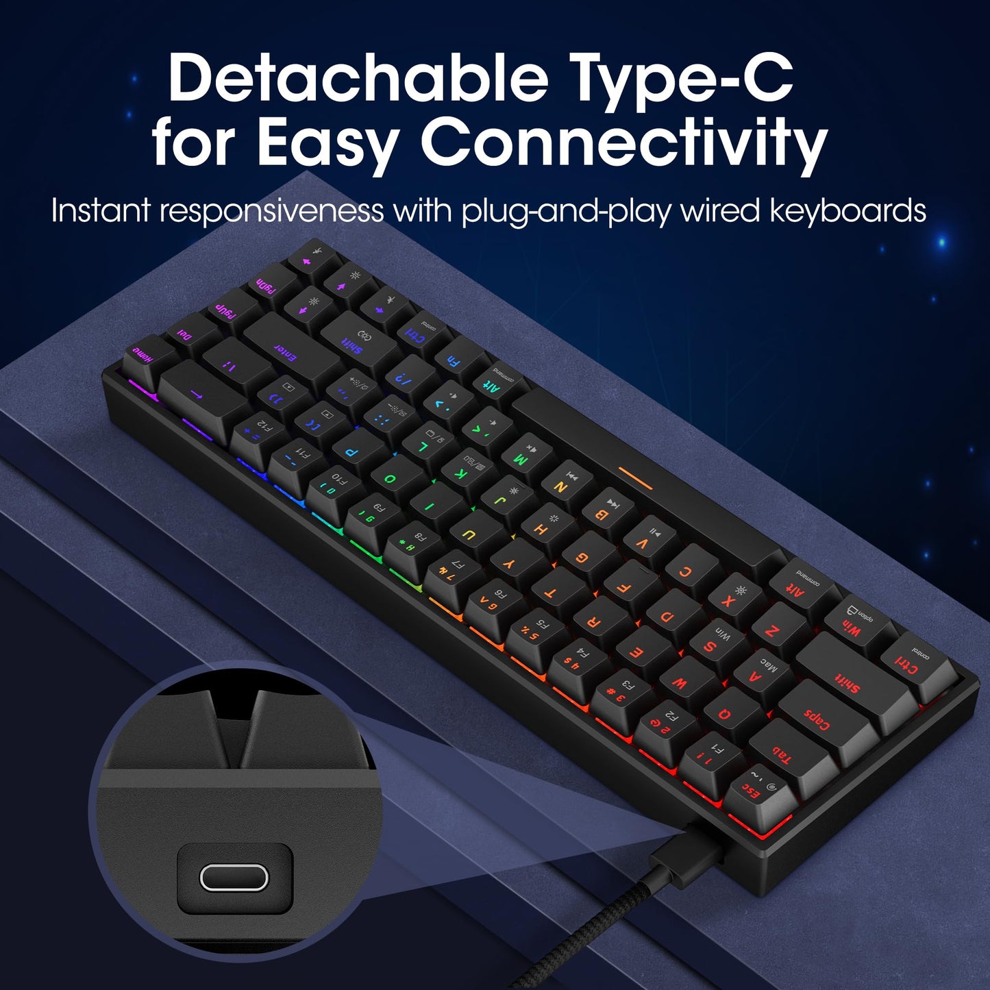 KOORUI 60% Mechanical Gaming Keyboard, Mixed Colors LED Backlit Ultra-Compact 68 Keys, Mini Wired Keyboard with Red Switch for Windows Laptop PC/Mac OS/Xbox