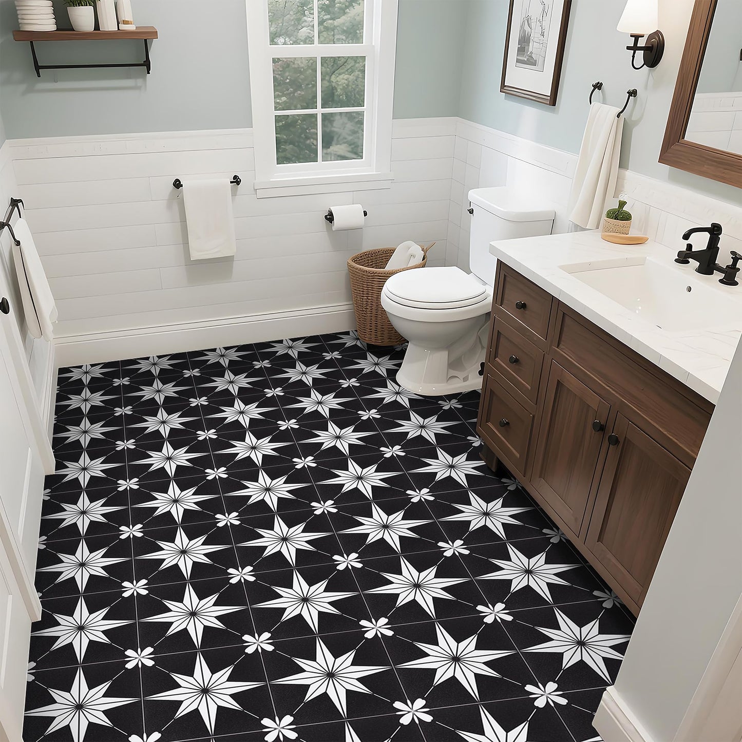 RomDeco Peel and Stick Floor Tiles: 10pc 11.81 * 11.81in Waterproof Vinyl Flooring Black and White, Easy to Install Self-Adhesive Tile Sticker for Bathroom, Kitchen, and Bedroom