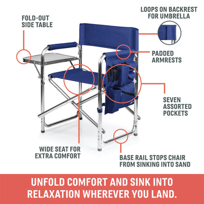 PICNIC TIME Sports Chair with Side Table, Outdoor Foldable Padded Adult Camping Chairs with Cup and Accessory Panel for Lawn, Beach, & Sports Use for Adults, up to 300-lbs Capacity, (Red)