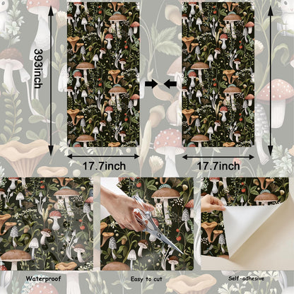 MILEPER Mushroom Wallpaper Peel and Stick Wallpaper Black 17.7" x 393" Self Adhesive Removable Wall Paper Leaf Forest Mushroom Contact Paper for Countertops Decor