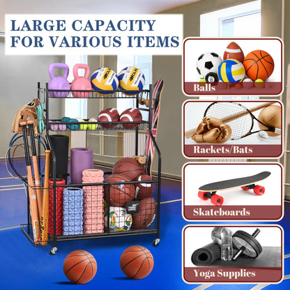 Mythinglogic Sports Equipment Garage Organizer,Garage Ball Storage for Sports Gear and Toys, Rolling Ball Cart with Wheels for Indoor/Outdoor Use