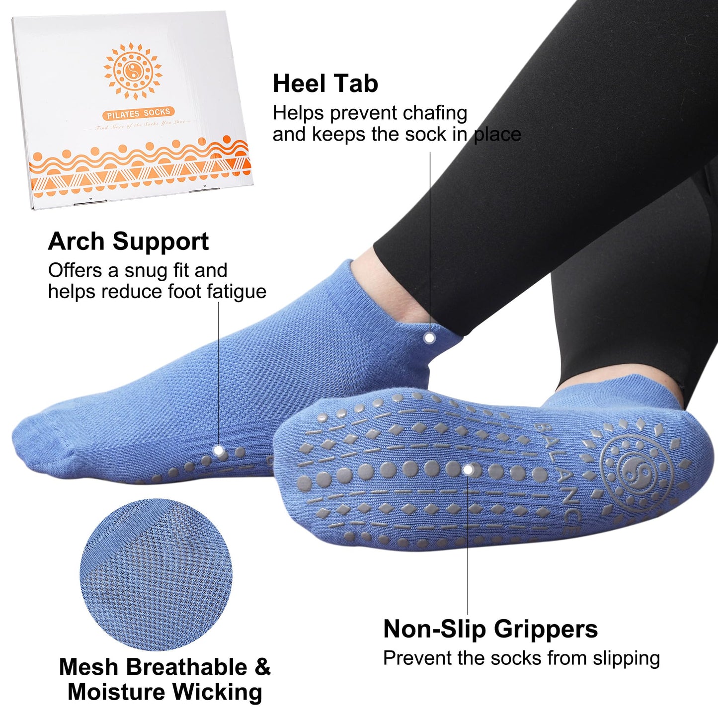 Grip Pilates Socks Ankle for Women, Yoga Non Slip Socks for Barre Workout Gym Hospital Sticky Slipper Socks 3 Pairs