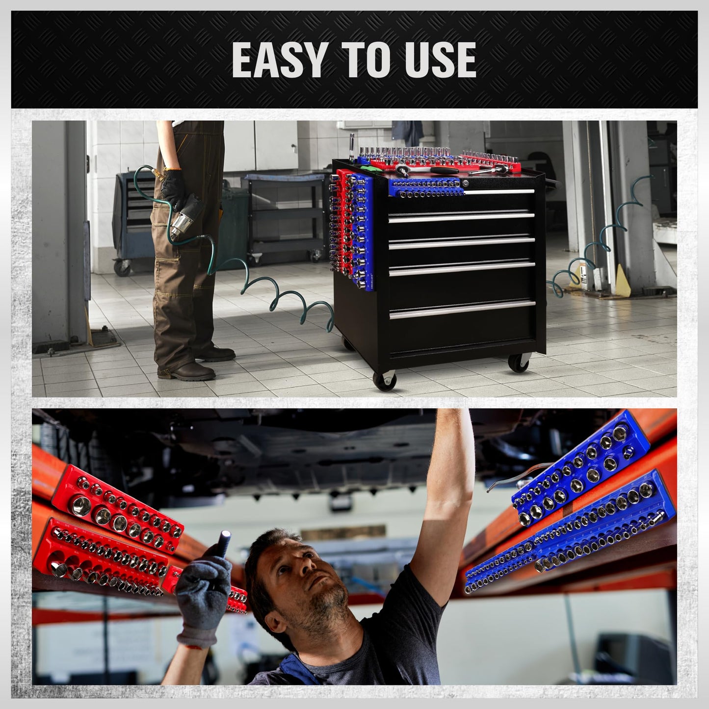 Magnetic Socket Organizer Set, 6PCS Socket Holder, 1/4", 3/8", 1/2" Sockets Holds 143 Pieces Magnetic Sockets Trays (Blue&red, 6 Pcs)