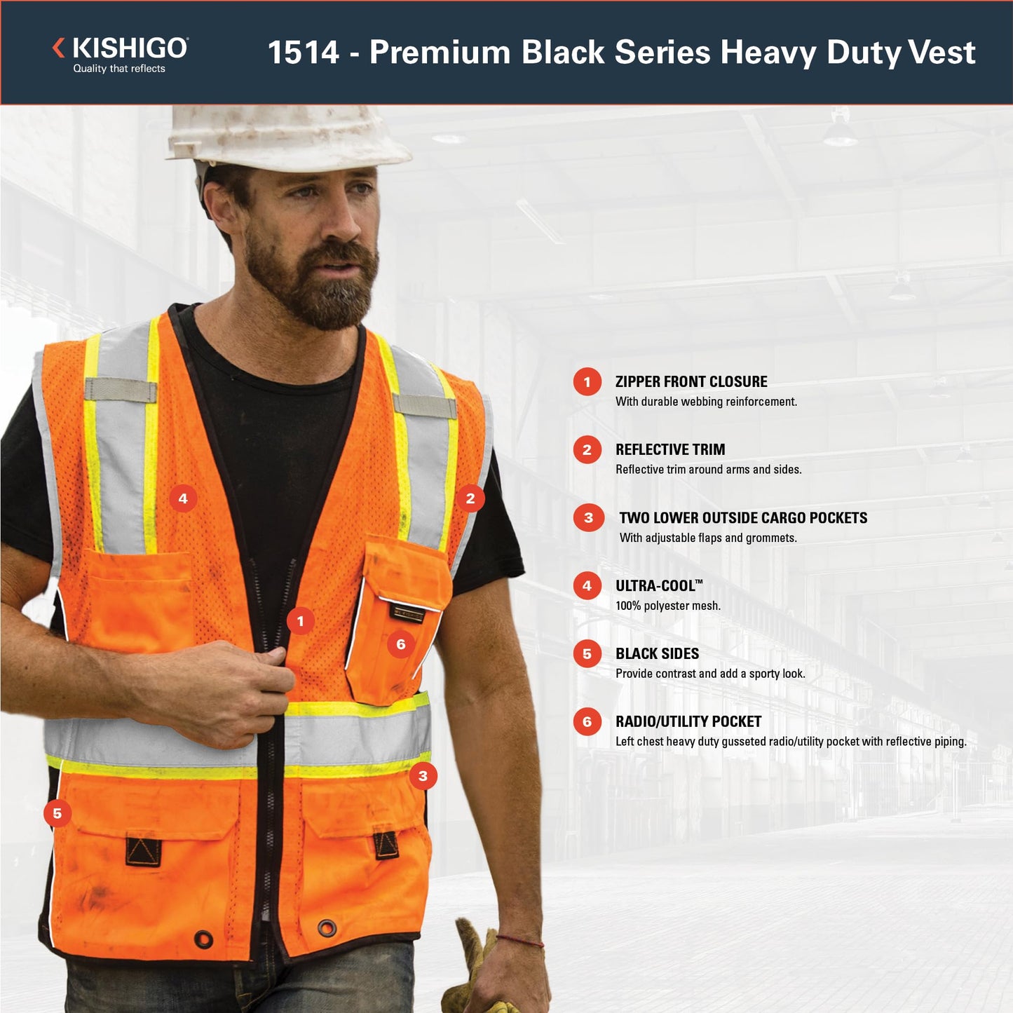 Kishigo Premium Black Series Heavy Duty Unisex Reflective Safety Vest 1514, ANSI Type R / Class 2 Compliant, 6 Pockets - Pencil & Radio Pockets, Reflective Silver Lining & Black Trim (Orange, XL)