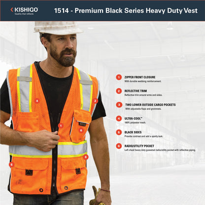 Kishigo Premium Black Series Heavy Duty Unisex Reflective Safety Vest 1514, ANSI Type R / Class 2 Compliant, 6 Pockets - Pencil & Radio Pockets, Reflective Silver Lining & Black Trim (Orange, XL)