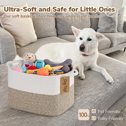 Goodpick Woven Storage Basket, Cotton Rope Basket for Dog Toys, Books, Stylish Gift Basket with Handles, 13 x 10 x 9 Inches Square Baskets for Organizing, Brown and White