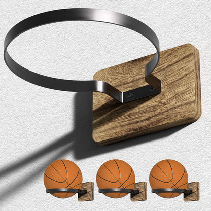 4 Pcs Wall Mount Basketball Holder with Wooden Base, Ball Storage Holders Display Rack for Autograph Basketball, Football, Soccer, Volleyball Collection, Sports Accessories Organizer for Player Fans