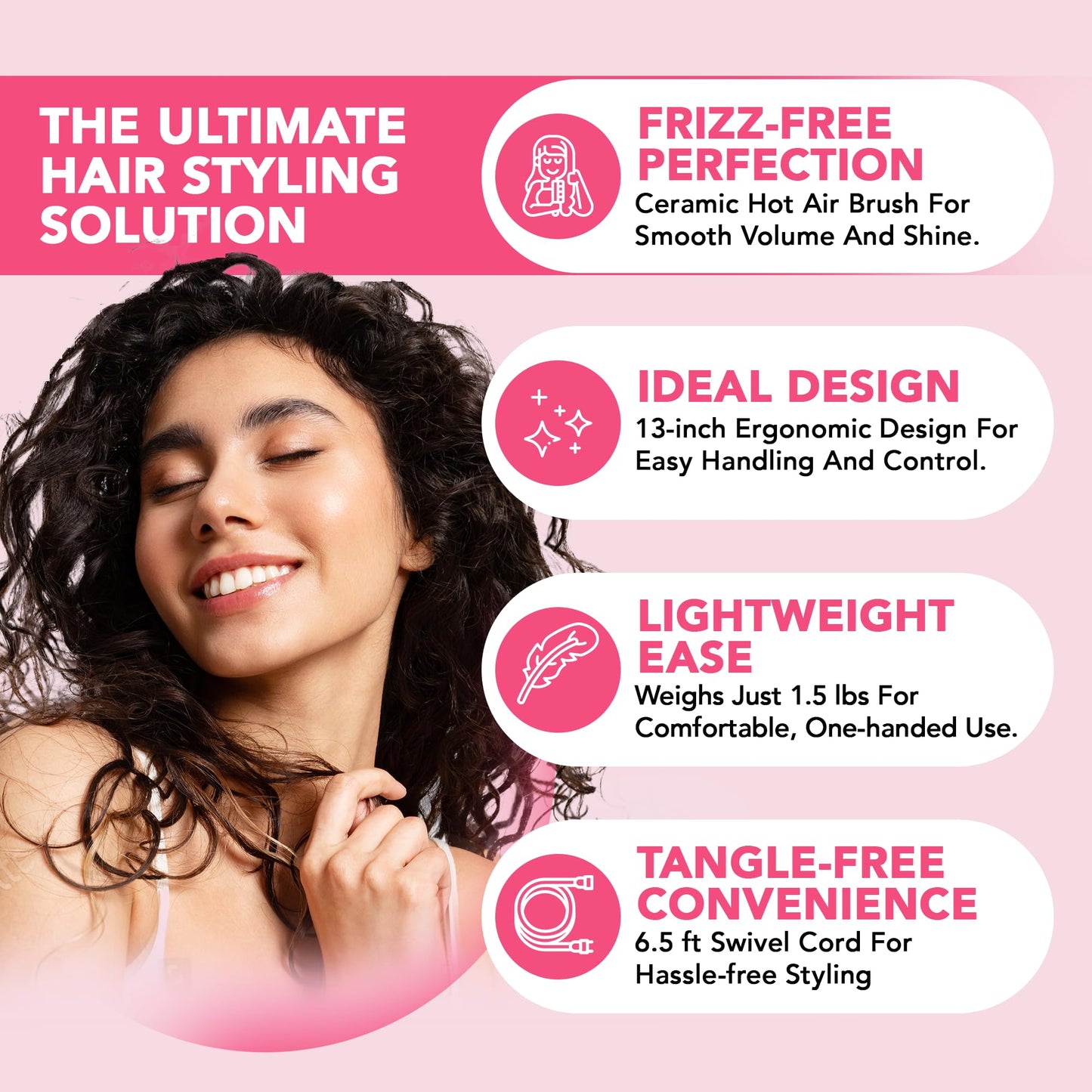 Hair Sensation Pro Blow Dryer Brush, 4 in 1 Styling Tools with ION Generator and Ceramic Coating for Fast Drying Hair Types, Pink