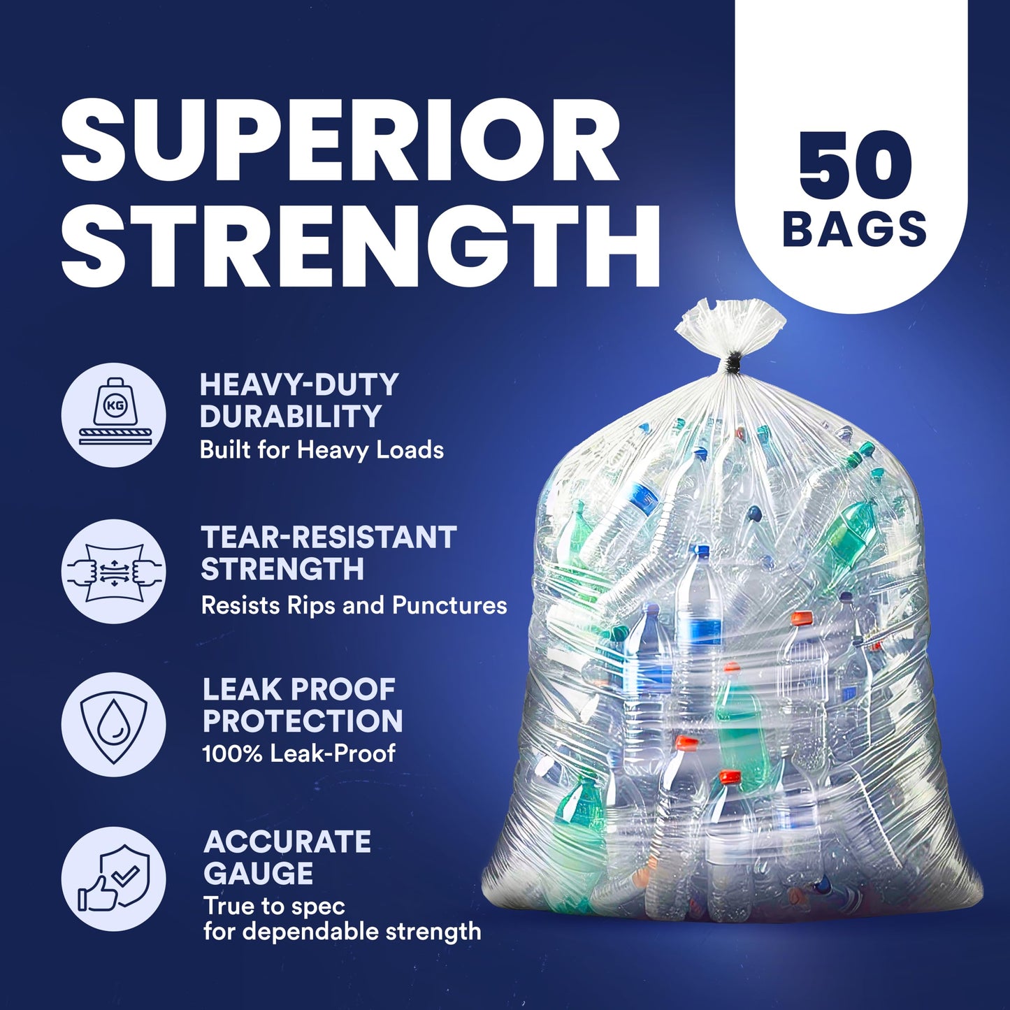 Plasticplace Contractor Trash Bags 55-60 Gallon, Heavy Duty Garbage Bags, 3.0 Mil Clear Trash Bags, Tear-Resistant Large Trash Can Liners for Construction, Recycling & Home Improvement (50 Count)