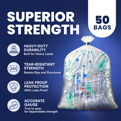 Plasticplace Contractor Trash Bags 55-60 Gallon, Heavy Duty Garbage Bags, 3.0 Mil Clear Trash Bags, Tear-Resistant Large Trash Can Liners for Construction, Recycling & Home Improvement (50 Count)
