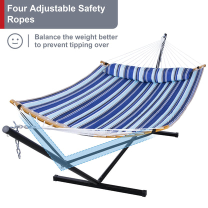 Mansion Home 12 Ft Yard Hammock with Stand, 2 Person Hammock Freestanding with Curved Spreader Bar, Large Hammocks for Outside with Pillow and Portable Bag, Heavy Duty 450 lbs, Blue Stripes