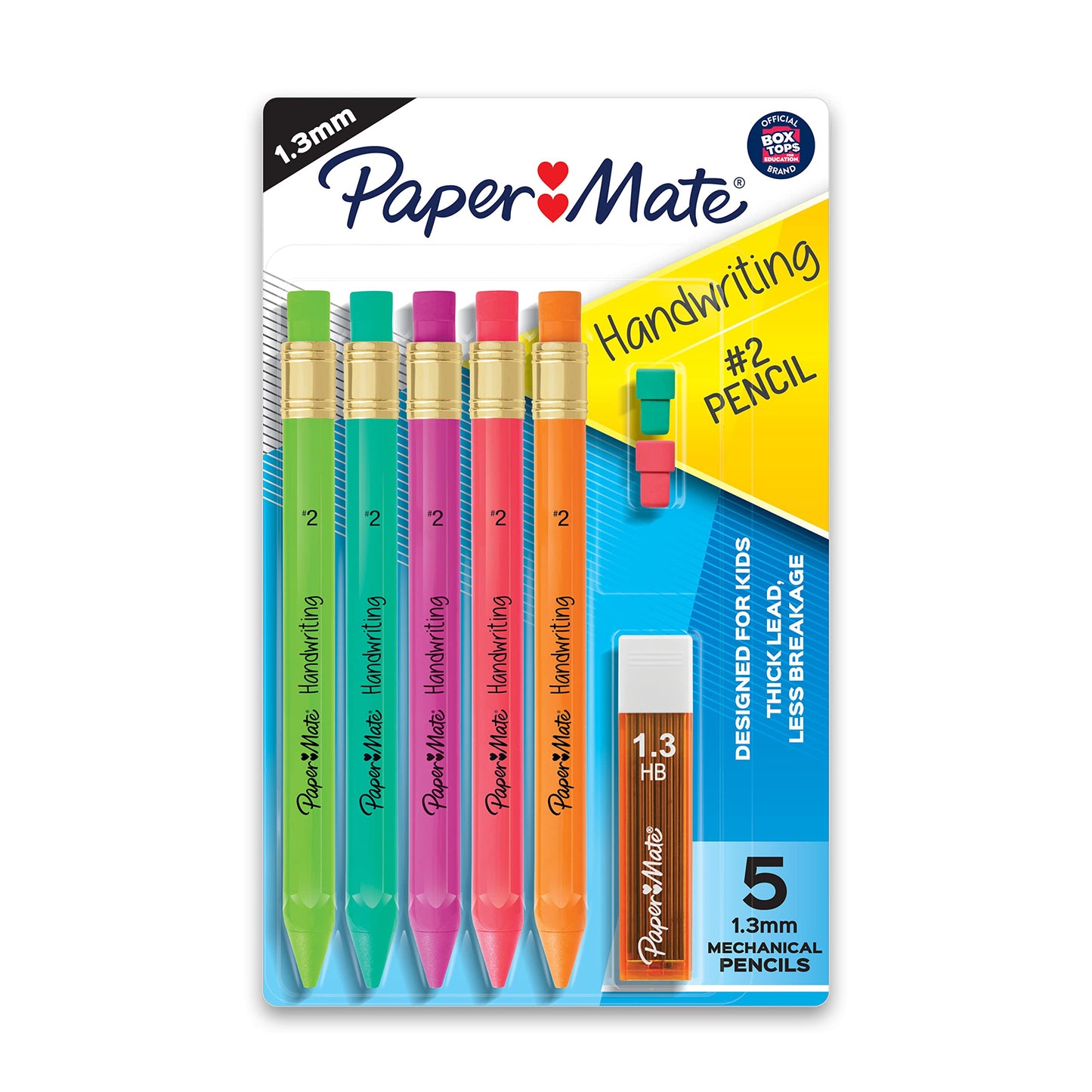 Paper Mate Handwriting Triangular Mechanical Pencil Set with Lead & Eraser Refills, 1.3mm, Back to School, Teacher Supplies, Home, Sketching, Drafting, Fun Barrel Colors, 8 Count