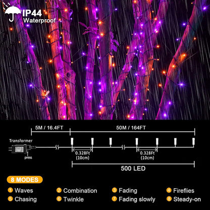 kemooie 500 LED Halloween Lights, 164FT 8 Lighting Modes Plug in Waterproof Fairy Lights for Outdoor Tree Party Garden Balcony Halloween Decorations (Purple and Orange)